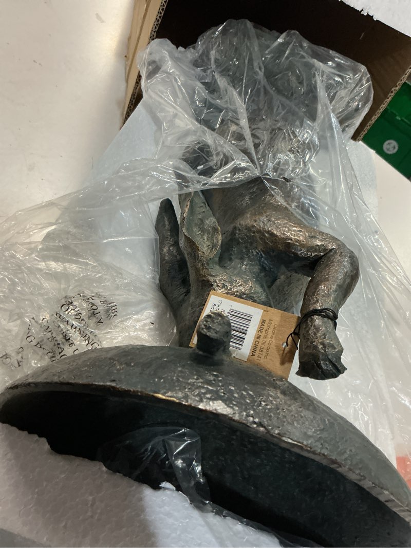 Condition photo showing As Is for creative co-op decorative resin rabbit bird bath  green patina finish