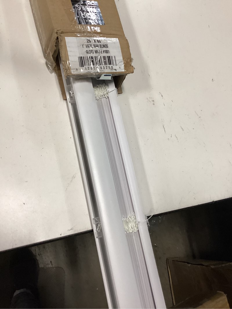 Condition photo showing Good Condition for chicology cordless mini blinds for indoor windows, 29" w x 60" h, white vinyl 1" slats with tilt wand, light filtering to room darkening, moisture-resistant, child-safe, screw-mount installation 29"w x 60"h white (commercial grade)