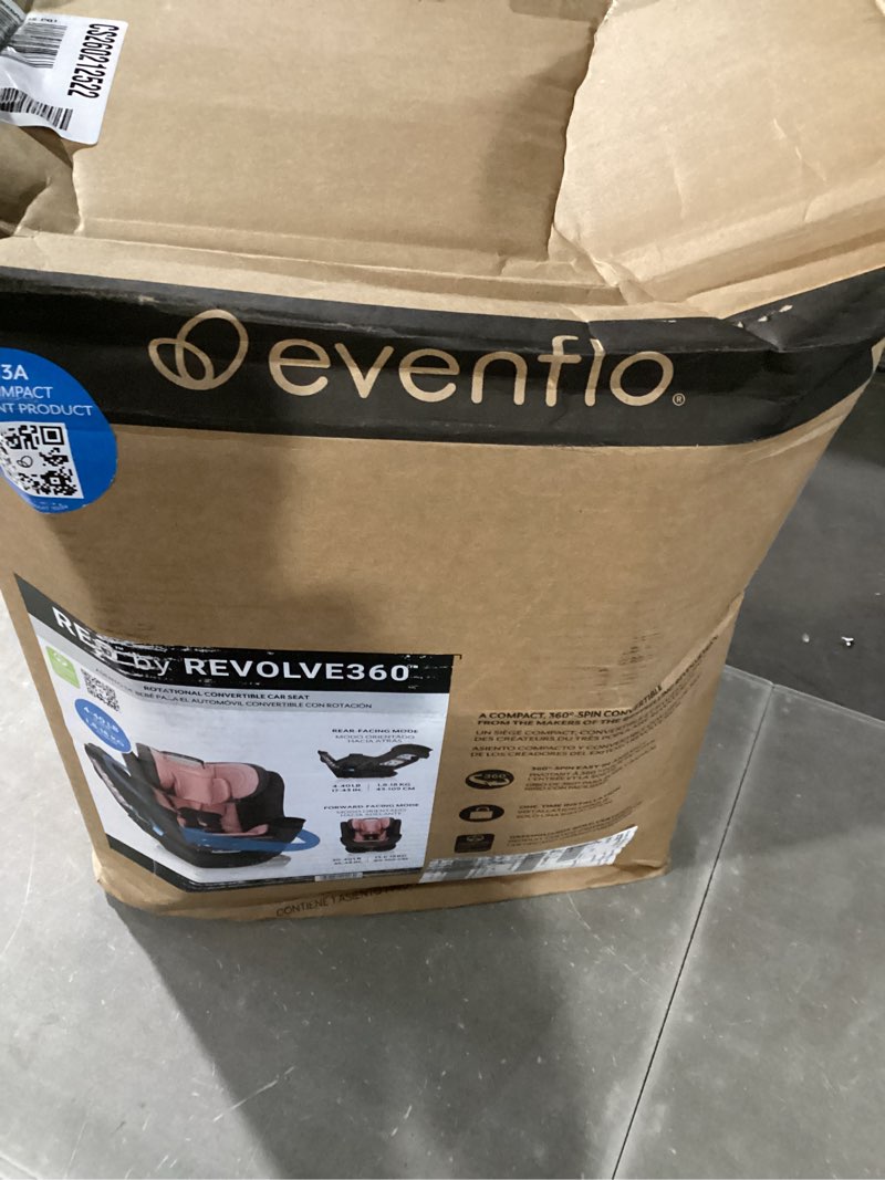 Condition photo showing New/Like New for evenflo reo by revolve360 rotating 2-in-1 convertible car seat, 360 degrees, infant to toddler, forward and rear facing, compact design, one-time install (lenox)