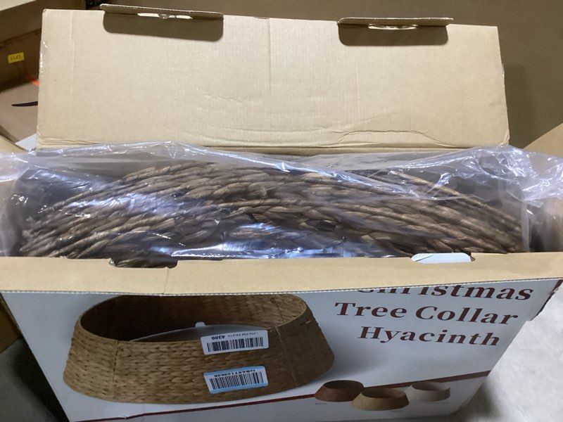 Condition photo showing Good Condition for 36in Large Christmas Tree Collar - Woven Hyacinth Tree Collars for Artificial Trees - Rattan Rustic Farmhouse Basket for Tree Base Cover with Cord Cut-Out for 7.5ft 9ft 10ft Tree (Brown) 36" Brown