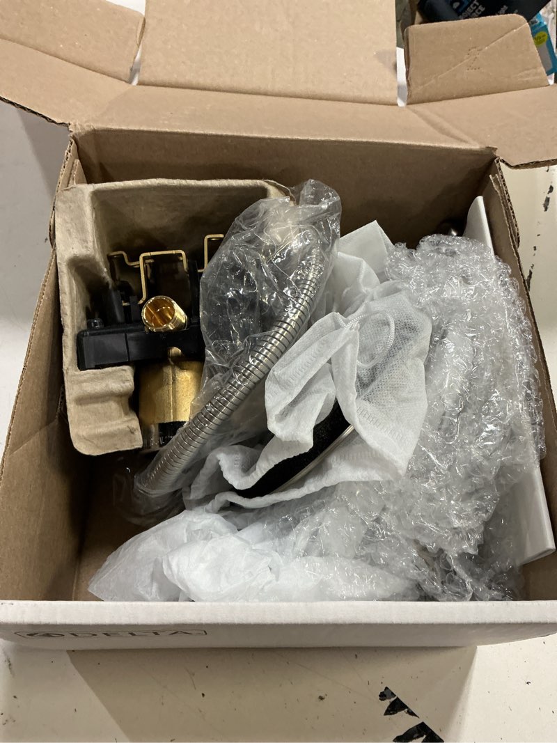 Condition photo showing As Is for delta arvo 14 series brushed nickel shower faucet set with in2ition 2-in-1 dual shower head with handheld spray combo, valve trim kit, spotshield stainless 142840-sp-i (valve included) spotshield brushed nickel