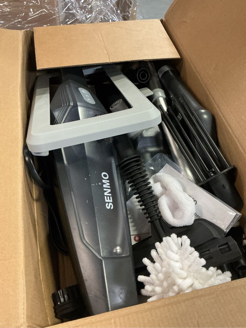 Condition photo showing As Is for senmo steam mop, 14-in-1 detachable steam cleaner for home and floor, 1300w 228°f deep cleaning multipurpose steamer with 14 attachments for floor, tile, grout, furniture, carpet, wall (black)