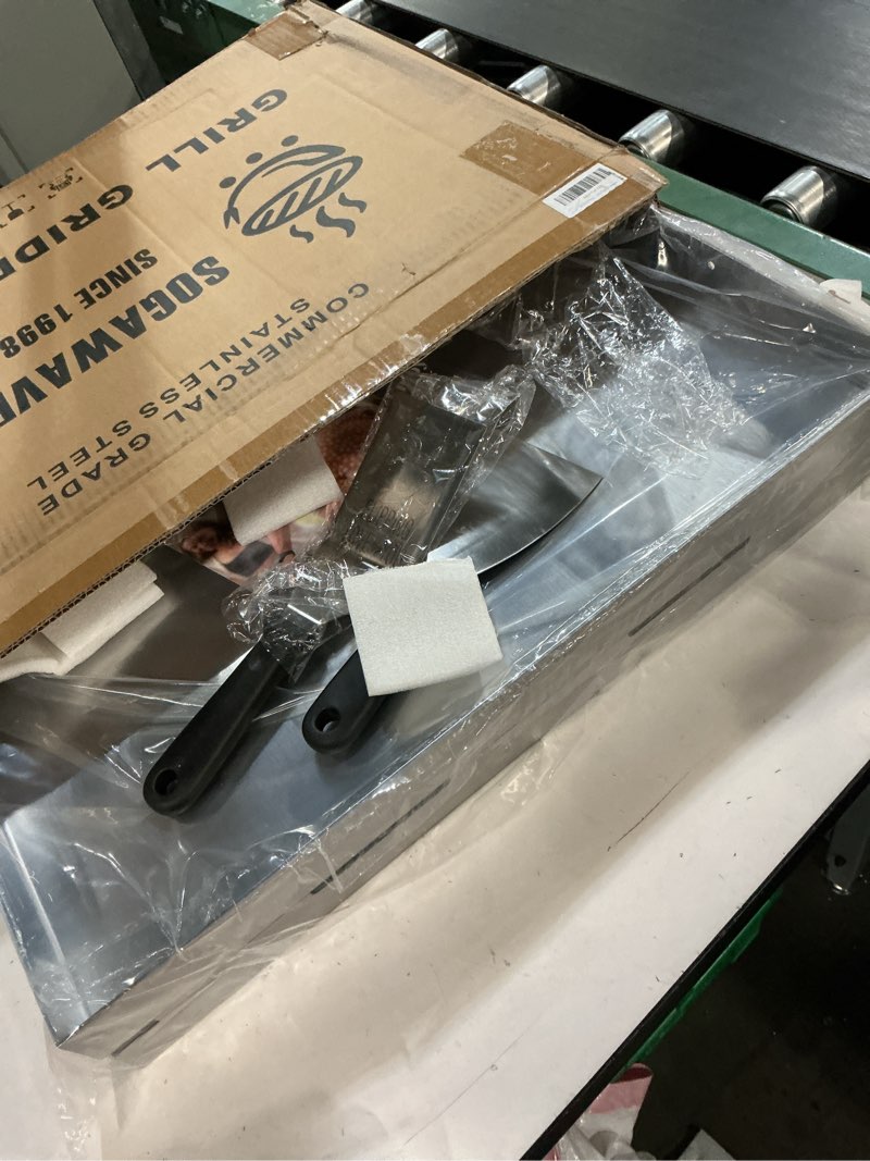 Condition photo showing New/Like New for Universal Stainless Steel Flat Top Griddle Insert for Gas & Charcoal Grills – Nonstick, Even Heating & Easy Clean, Includes Turner & Scraper, Ideal for Outdoor BBQ, Tailgating & Camping, 23" x 16"