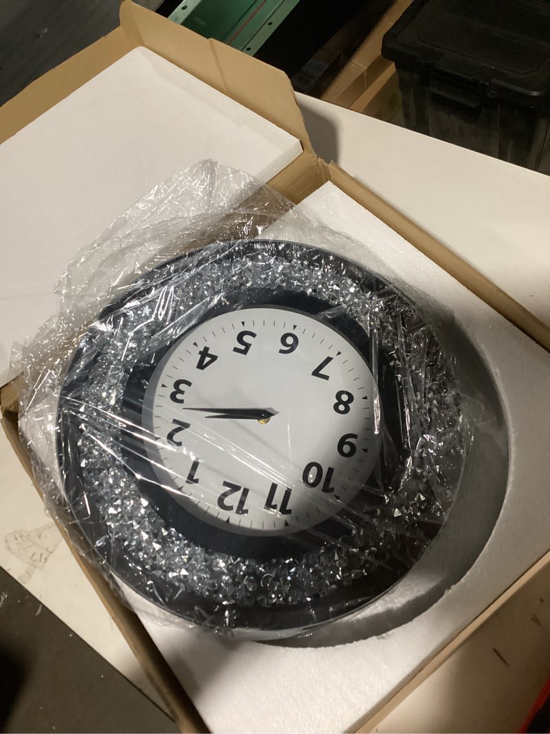 Condition photo showing Good Condition for DMDFIRST Crystal Crushed Diamond Mirrored Round Wall Clock 16x16x2 inches for Wall Decoration Silver Glass Mirror Clock Sparkle Twinkle Bling Home Decor. AA Battery is not Included. Crystal Silver