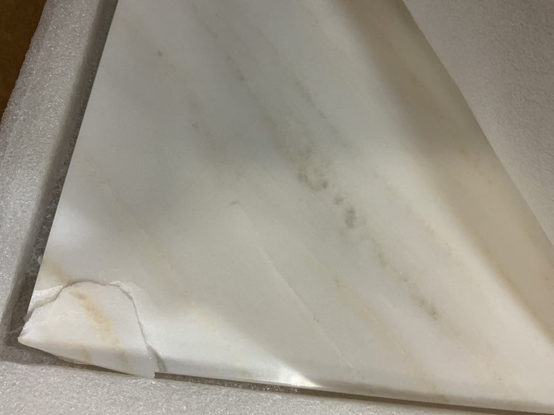 Condition photo showing As Is for marble cutting board, large marble slab pastry board with non-slip feet for baking, cheese, charcuterie, chocolate, 16x20 inch 20"l x 16"w white with gold veining
