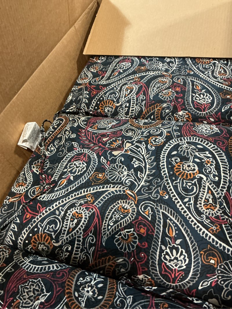 Condition photo showing As Is for arden outdoor chair cushion, 21 x 20, rain-proof, fade resistant 20 x 21, navy palmira paisley 21 x 20 cartridge style blue palmira paisley