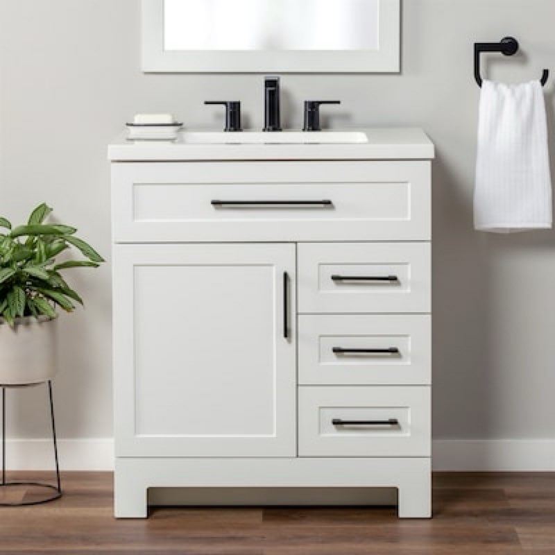 style selections cauley 30-in true white single sink bathroom vanity with white cultured marble