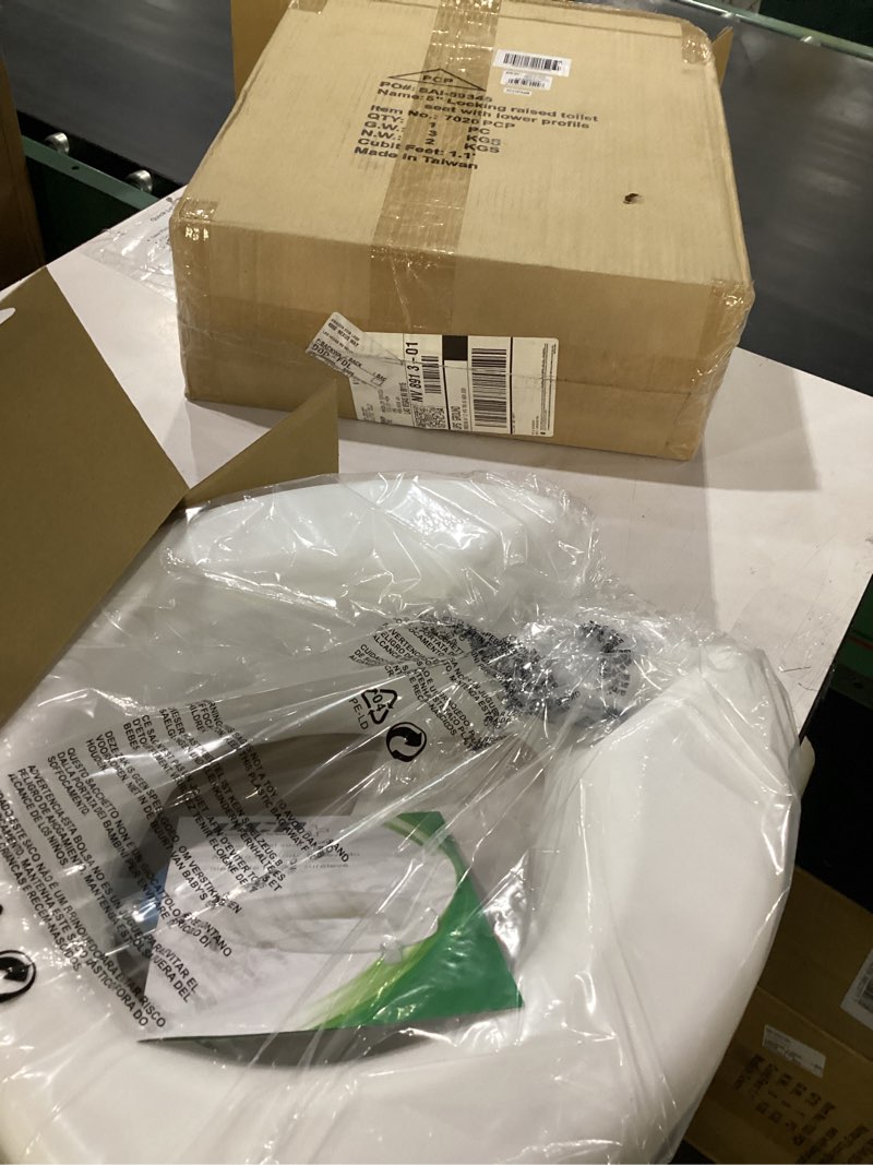 Condition photo showing New/Like New for pcp 5\" elevated toilet seat, universal fit, tall profile rise height lift, tightening stability lock, portable bath safety commode support