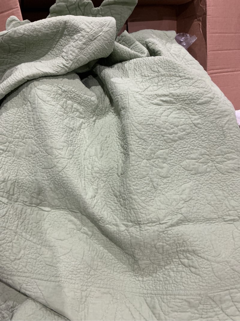 Condition photo showing As Is for brandream sage green duvet set, floral cottage cotton and vine stitching with scalloped edge, 2 pieces