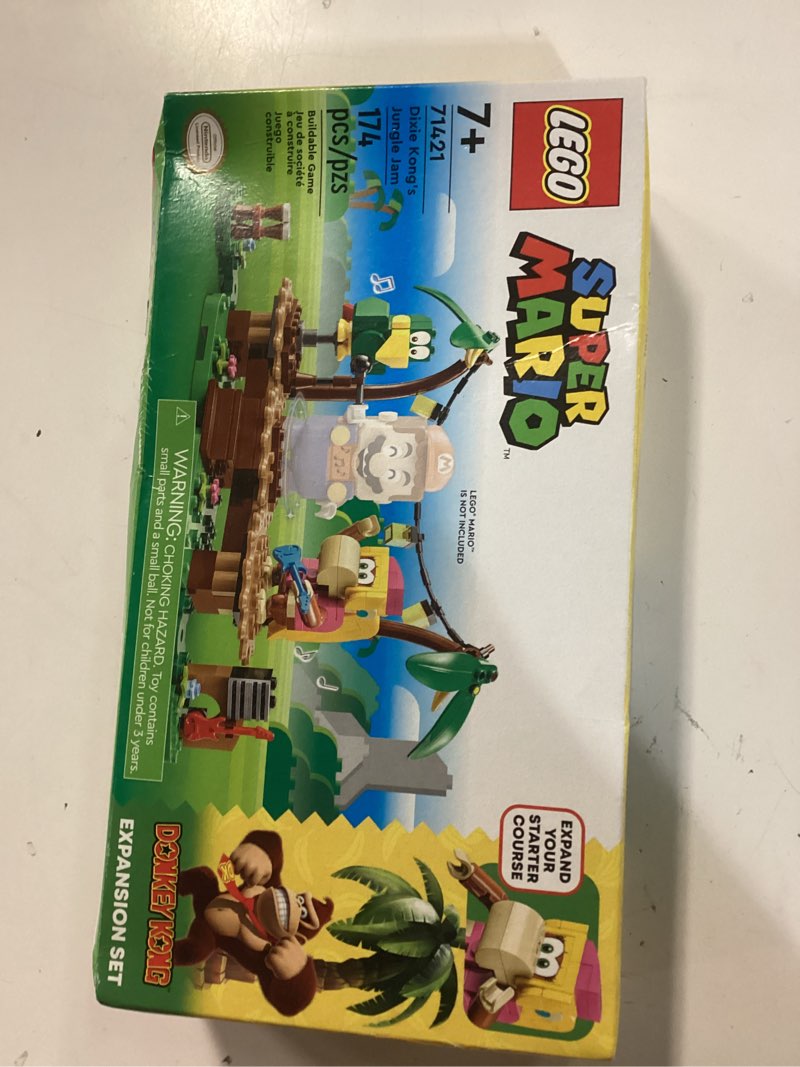 Condition photo showing New/Like New for lego super mario dixie kong’s jungle jam expansion set 71421, super mario gift set for boys and girls ages 7-9, buildable toy game featuring 2 brick built super mario figures with musical accessories