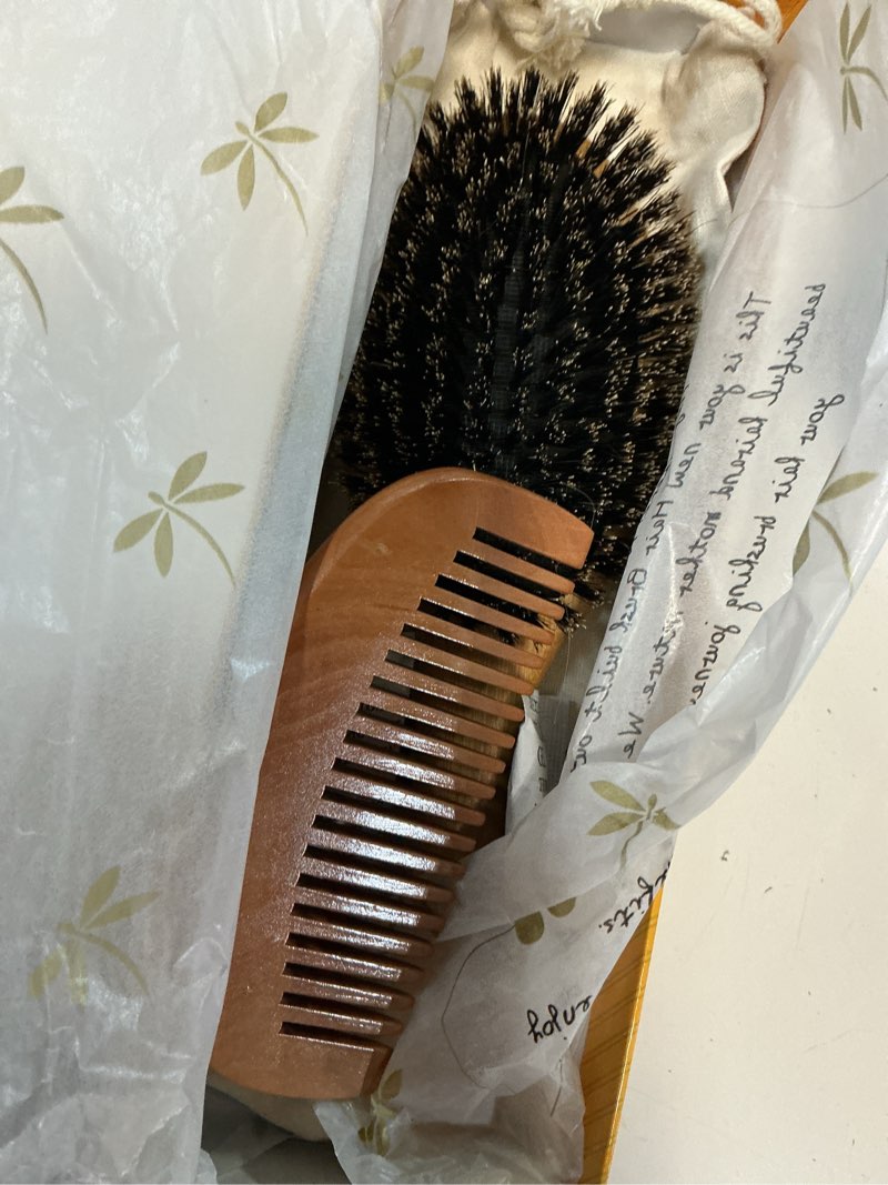 Condition photo showing Good Condition for belula 100% boar bristle hair brush set (medium). soft natural bristles for thin and fine hair. restore shine and texture. wooden comb, travel bag and spa headband included!