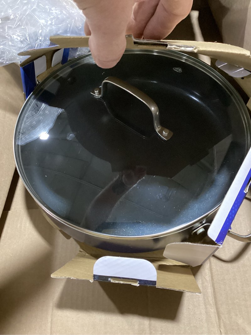 Condition photo showing Good Condition for blue diamond 5qt saute pan with lid, non toxic pfas-free diamond ceramic nonstick, dishwasher & oven safe, metal utensil safe, deep jumbo cooker skillet with helper handle, glass lid, blue 20 cup with lid blue