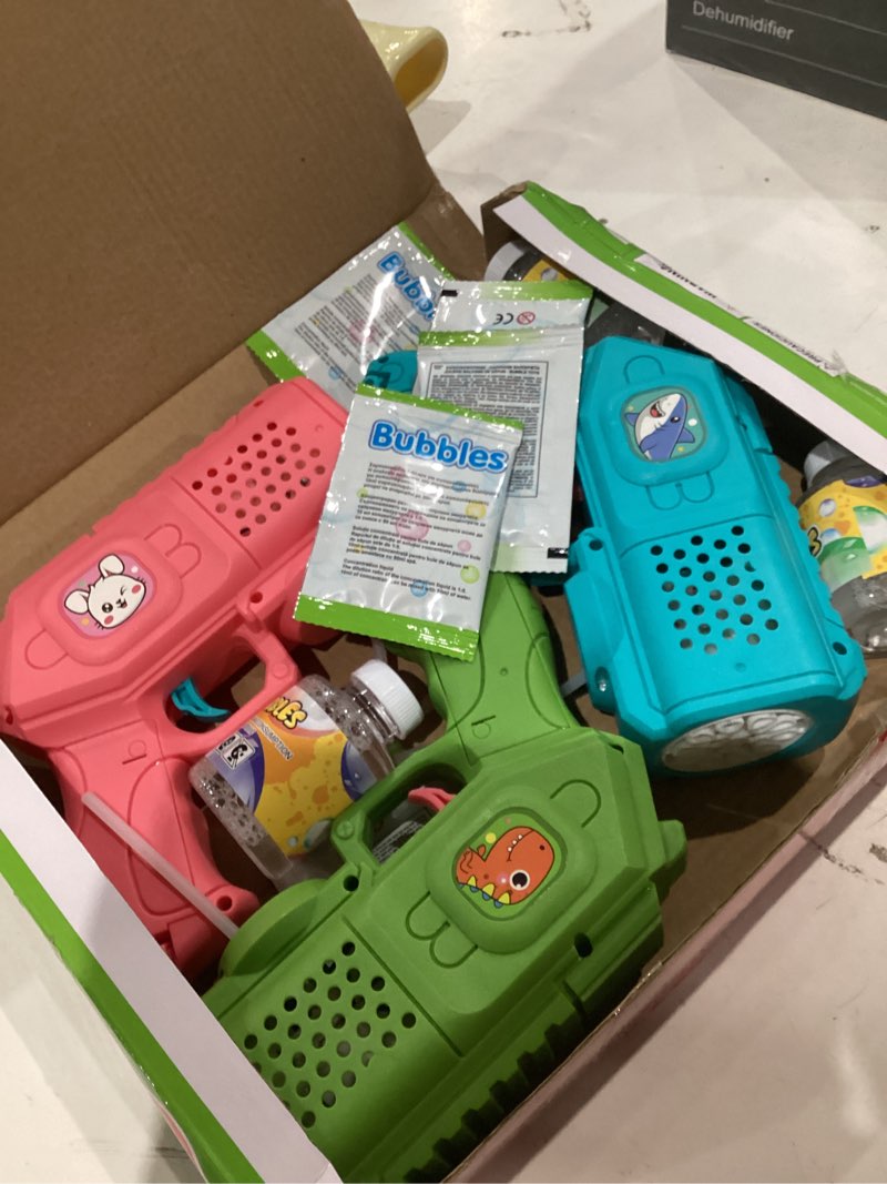 Condition photo showing Good Condition for bubble guns with bubble solution- 3 pack, bubbles gun, blaster, blower, maker, machine for boys girls, birthday gifts for ages 3 4 5 6 7 8 year old kid, outdoor toys for toddlers, party, wedding blue+green+pink