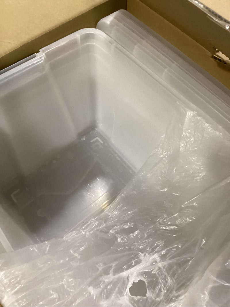 Condition photo showing Good Condition for IRIS USA 72 QT Plastic Storage Box with Lid and Latches - 4 Pack - BPA-Free, See-Through Organizing Solution, Durable Nestable Stackable Containers, Secure Pull Handle - Clear Clear 72 Qt 4 Pack