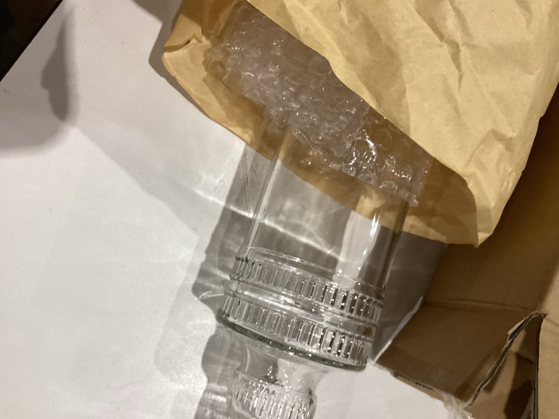 Condition photo showing Good Condition for large clear decorative glass bottle with spout and cork, 32oz, 1 bottle - design: kristal (3in x 11.9in)