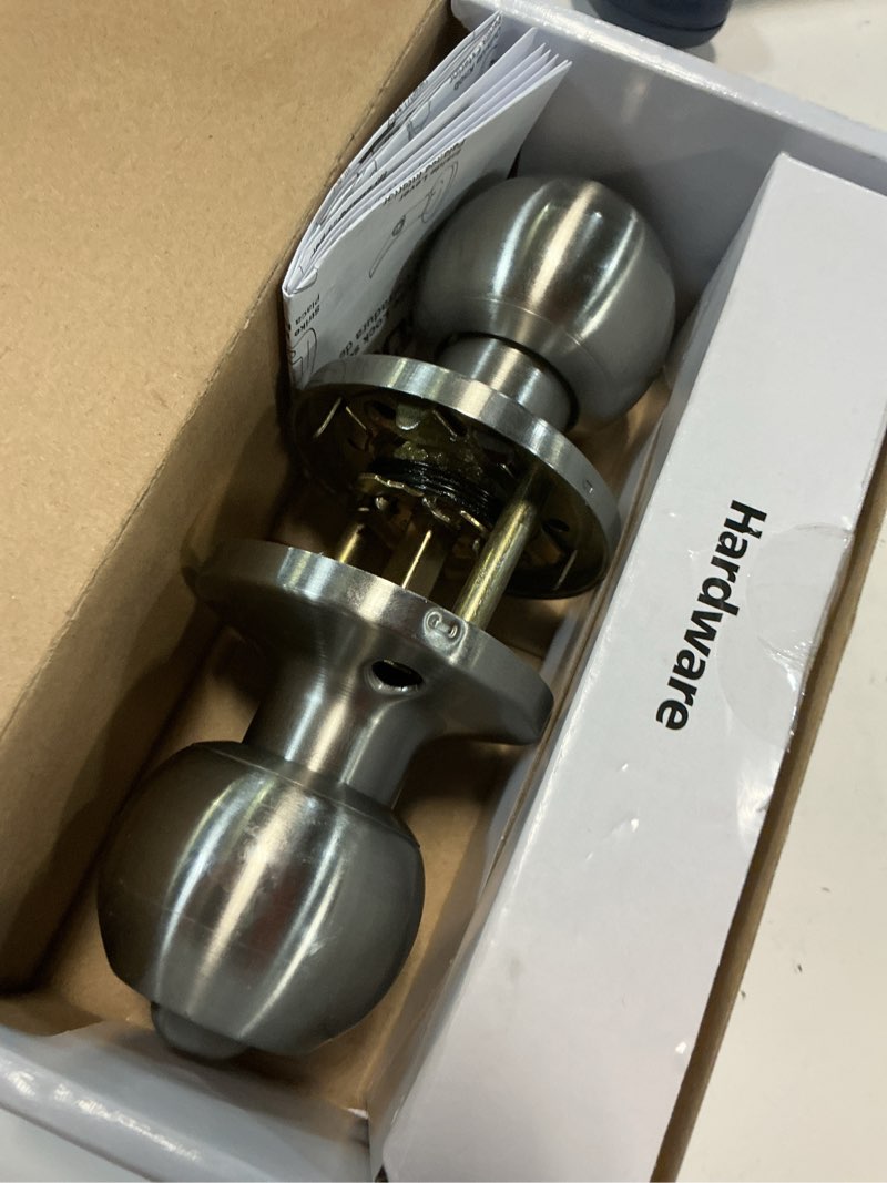 Condition photo showing As Is for bestten keyed entry door knob with lock, heavy duty interior and exterior door lock, standard ball, satin nickel