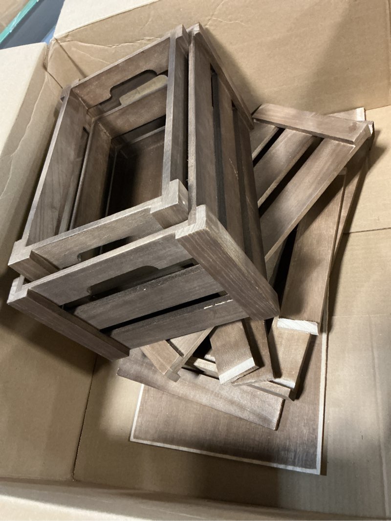Condition photo showing As Is for Rustic Wood Crates for decorative display, Nesting Crate set for storage and farmhouse style decor, wooden boxes made from 100% American Wood (Dark Walnut, Set of 3)