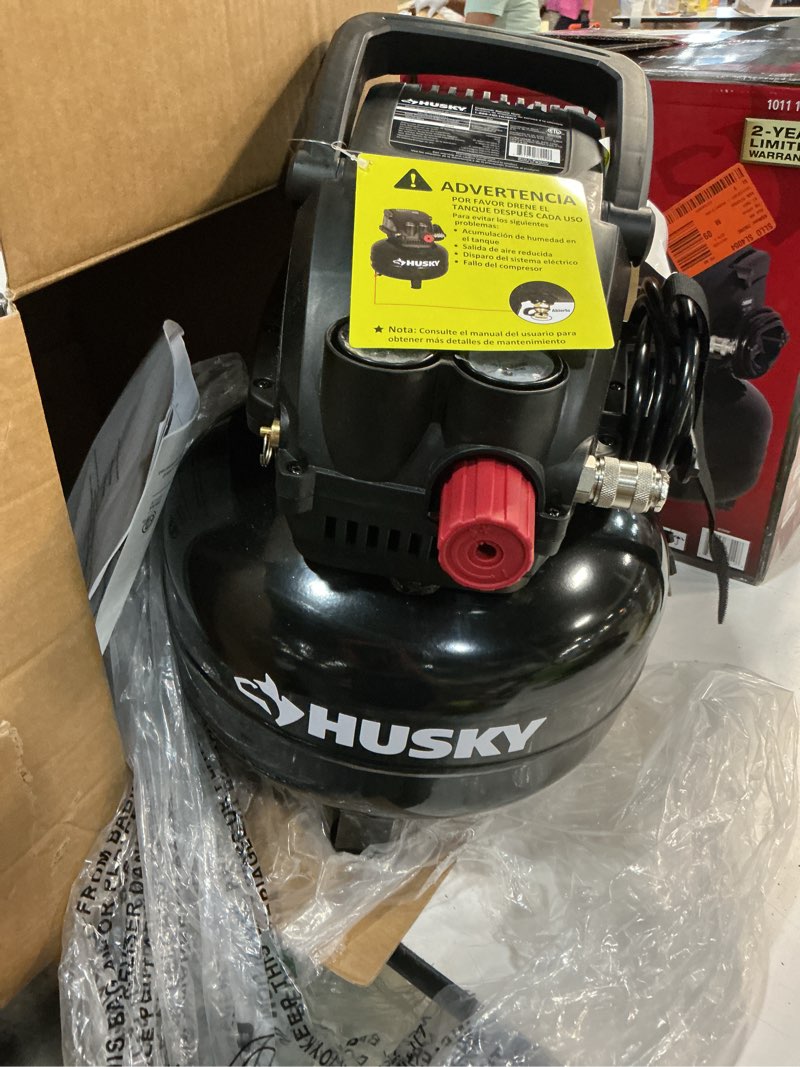 Condition photo showing Good Condition for husky 3 gallon air compressor 120 psi portable oil free pancake new