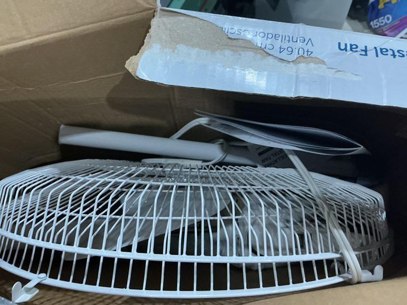Condition photo showing As Is for utilitech 16-in 120-volt 3-speed indoor white oscillating pedestal fan