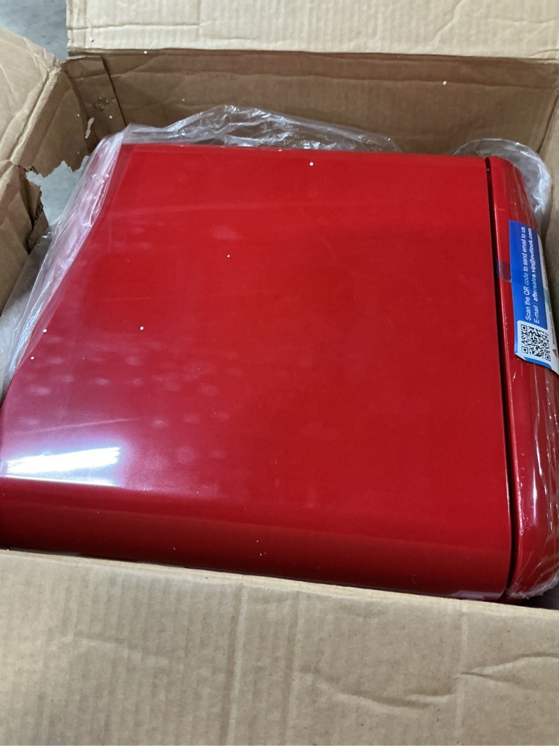 Condition photo showing As Is for retro mini fridge with freezer 4.0 cu. ft, small refrigerator with 7 level adjustable thermostat, compact classic dual door fridge removable glass shelves for apartments, dorm, office, red