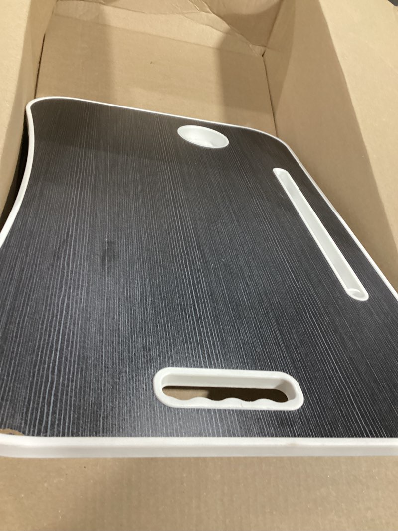 Condition photo showing Good Condition for (not foldable)(cracked)lap desk bed table with cup holder tray charcoal | portable folds flat for easy storage, no assembly laptop bed desk, sturdy and lightweight, patent design