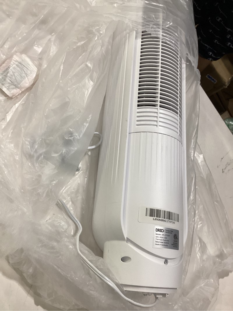 Condition photo showing As Is for dreo tower fan for bedroom, 25ft/s velocity quiet floor fan, 90° oscillating fans for indoors with 4 speeds, 4 modes, 8h timer, standing fans, bladeless fan, white (dr-htf007), not tested, incomplete