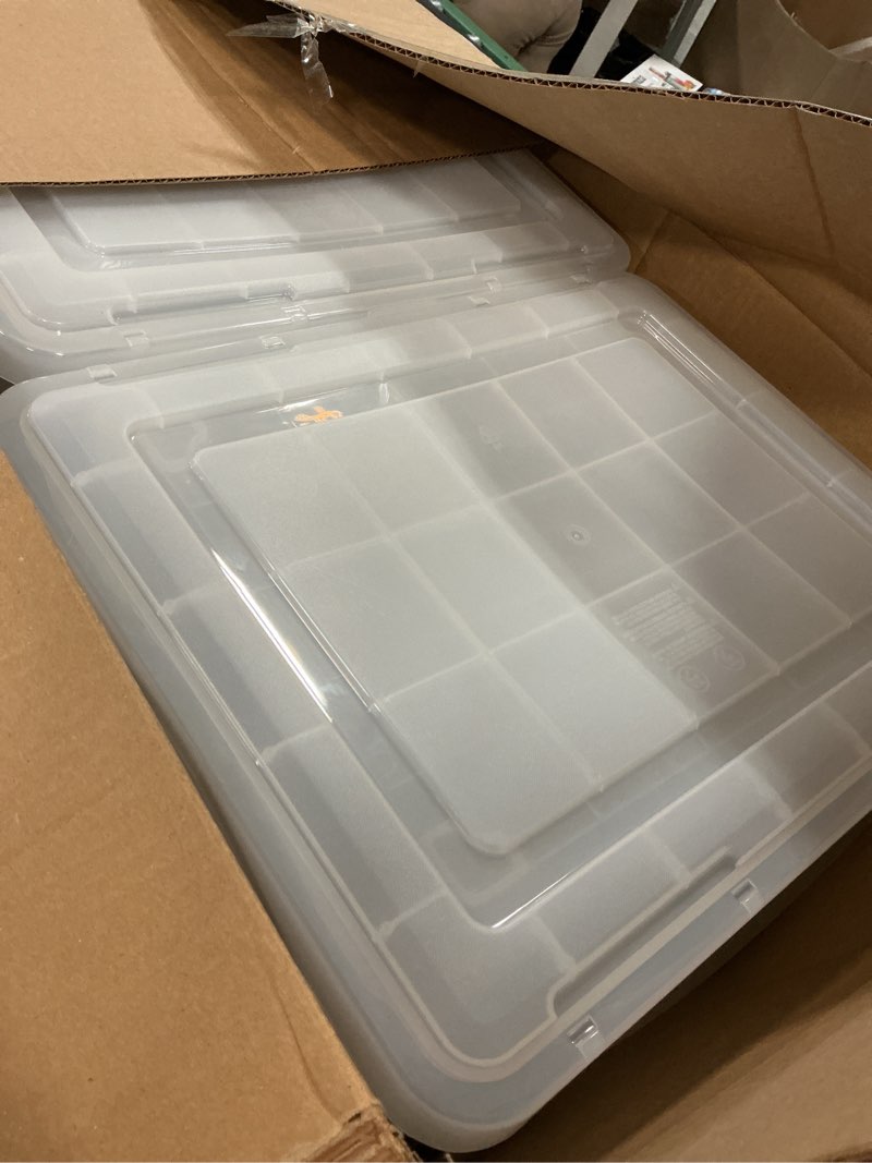 Condition photo showing Good Condition for iris usa file box weatherpro file organizer plastic file box for letter/legal file, water resistant document box, durable lid, seal w/ secure latching buckles, stackable, nestable, clear 32 qt. 4pack