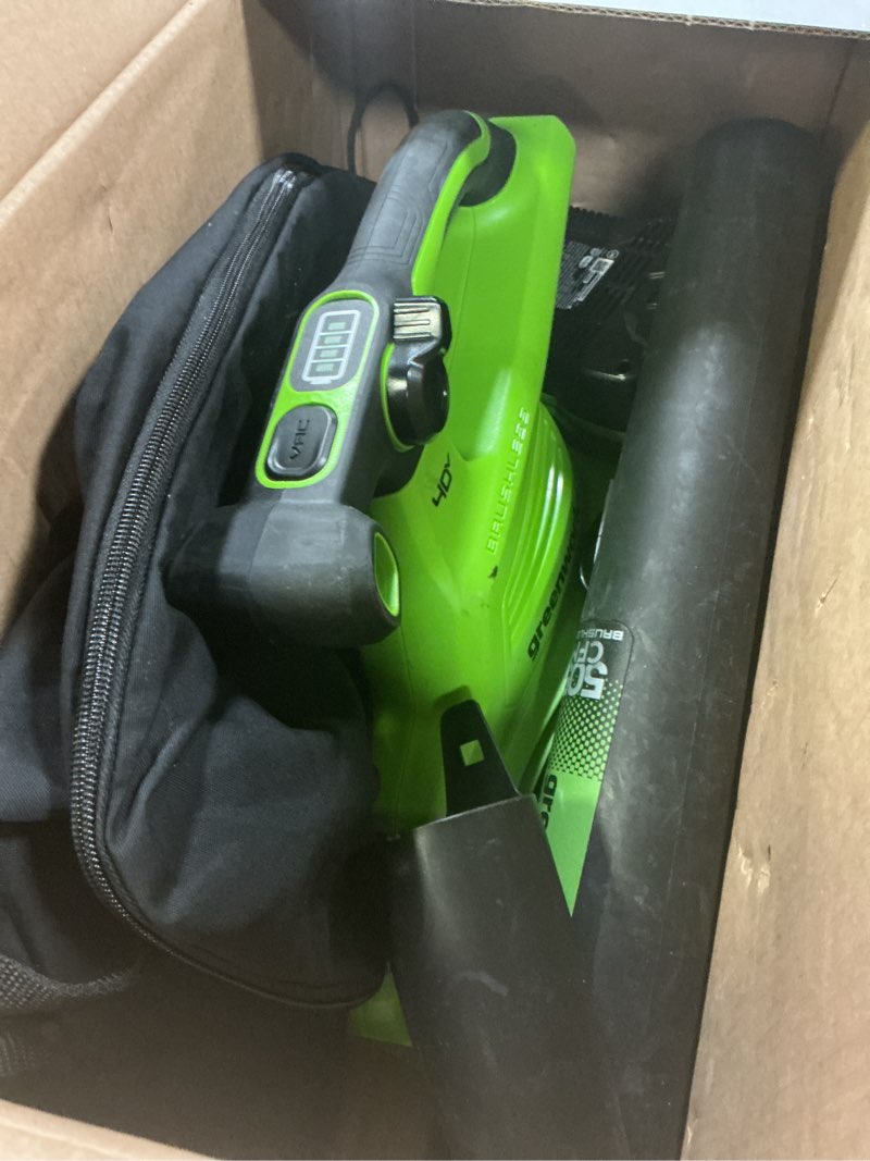 Condition photo showing As Is for Greenworks 40V (230 MPH / 505 CFM) Cordless Brushless Leaf Blower/Vacuum with Bag, High Power, Lightweight & Quiet for Yard Debris Cleanup, Includes 5.0Ah Battery & Charger Blower/Vac (230 MPH / 505 CFM) 5.0Ah Battery