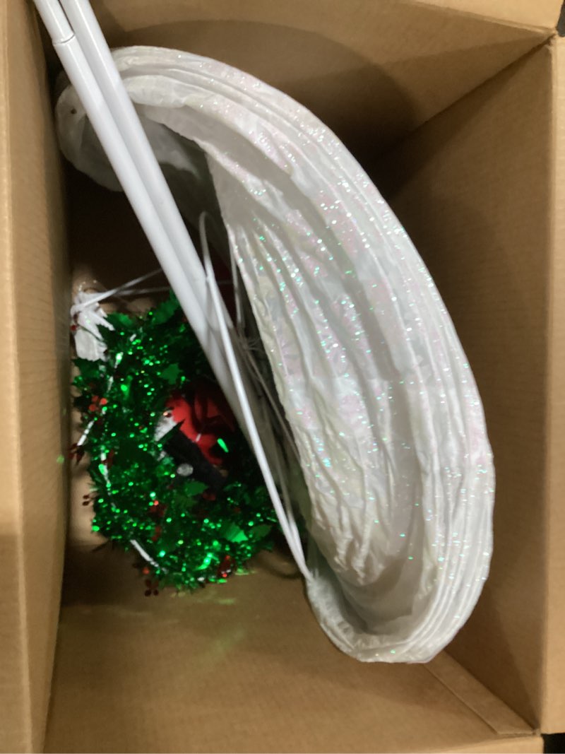 Condition photo showing As Is for MUMTOP Outdoor Snowman Lighted, 6FT 200 LED Lights Pop-Up Snowman Christmas Decoration, Light Up Collapsible Snowman with Hat, Scarf and Wreath for Holiday, Party, Yard Indoor Home Decor Gift large snowman