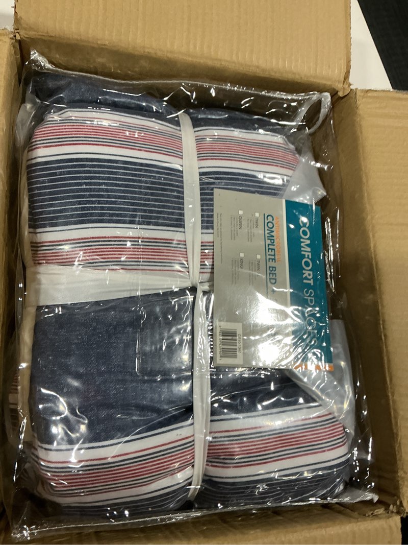 Condition photo showing Good Condition for Comfort Spaces Bed in A Bag Comforter Set - College Dorm Room Essentials for Boys Men Bedding, Complete Dormitory Bedroom Pack And Sheet with 2 Side Pockets, Full, Stripes Navy/Red Full Navy/Red