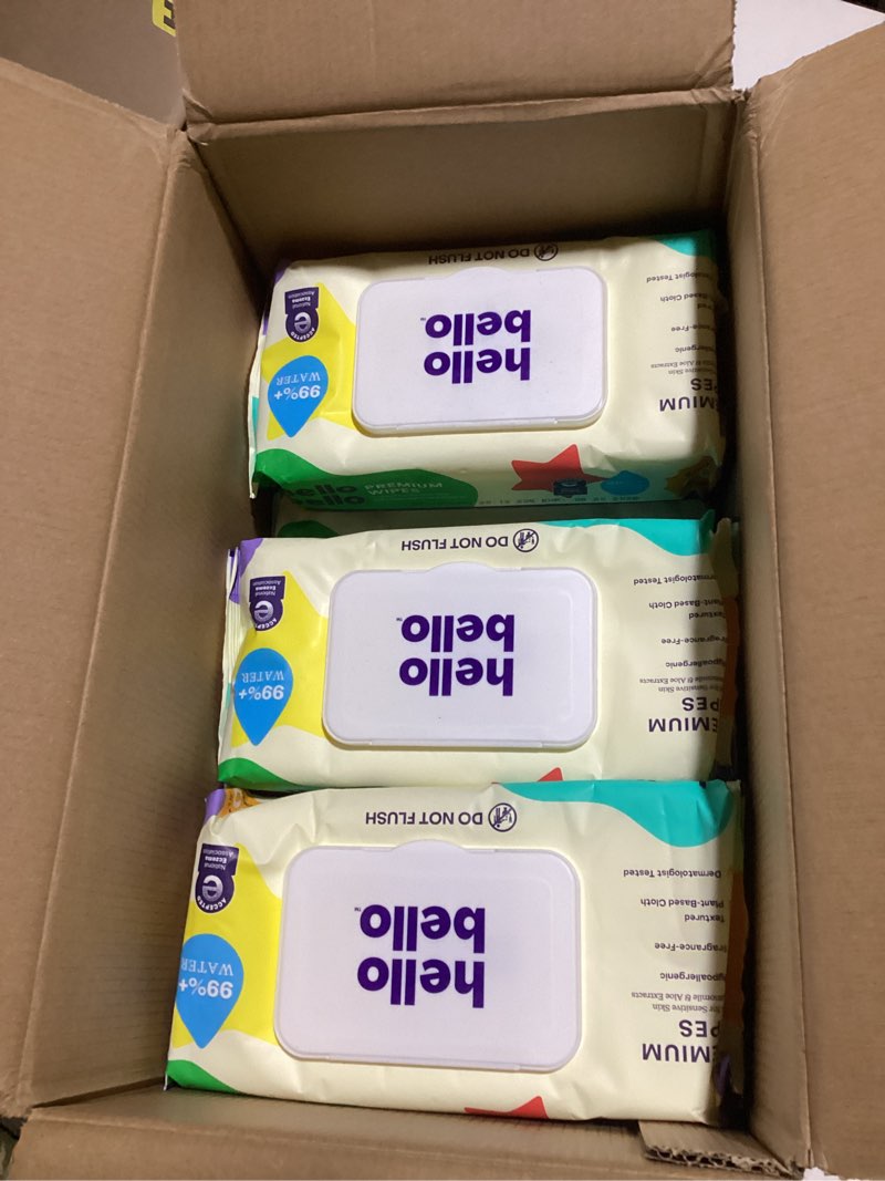 Condition photo showing As Is for Hello Bello Extra Gentle Unscented Baby Wipes, Plant Based, Made with 99% Water and Aloe for Babies and Kids, 540 Count 60 Count (Pack of 9) Fragrance Free - Old version
