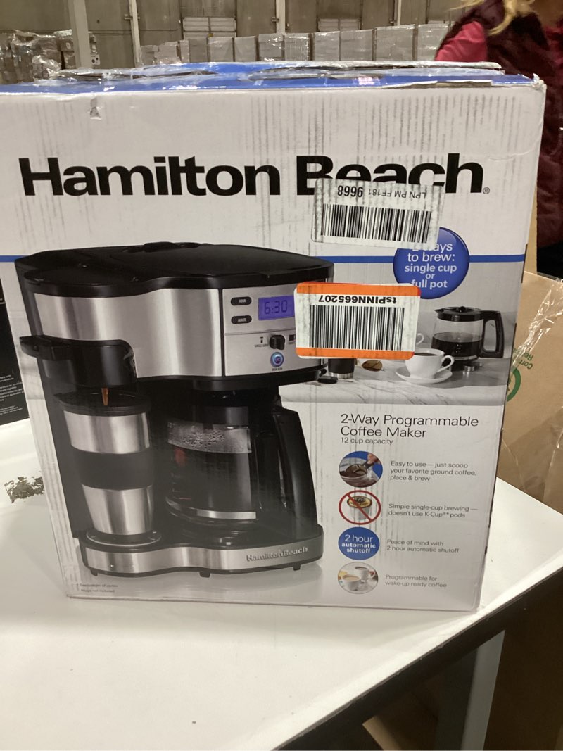 Condition photo showing As Is for Hamilton Beach 2-Way Programmable Coffee Maker, 12 Cup Glass Carafe And Single Serve Coffee Maker, Black with Stainless Steel Accents, 49980RG 12 Cup Black