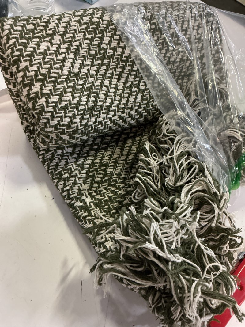 Condition photo showing Good Condition for collive kitchen runner rug, 2' x 4.3' hand-woven reversible washable rug, olive green/cream cotton modern farmhouse bathroom rug hallway carpet for foyer bedroom entry back door decor olive green/cream 2' x 4.3' (rectangular)