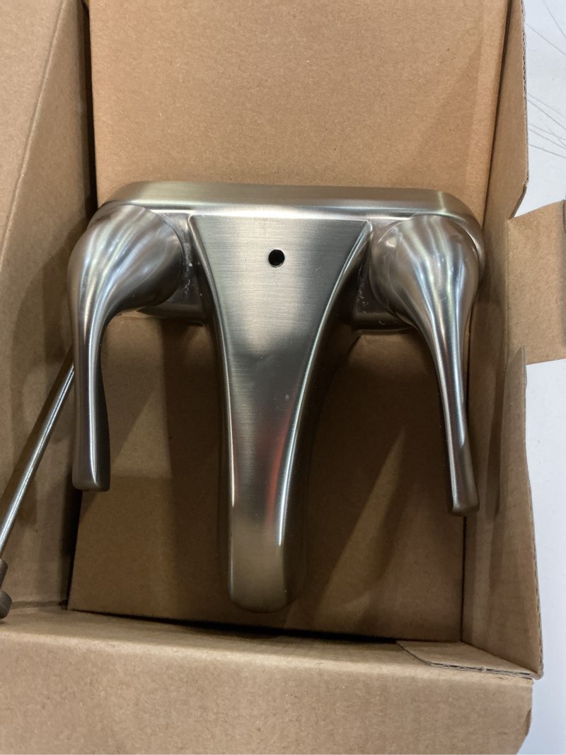 Condition photo showing As Is for project source satin nickel 4-in centerset 2-handle watersense low-arc residential handle bathroom sink faucet with drain with deck plate