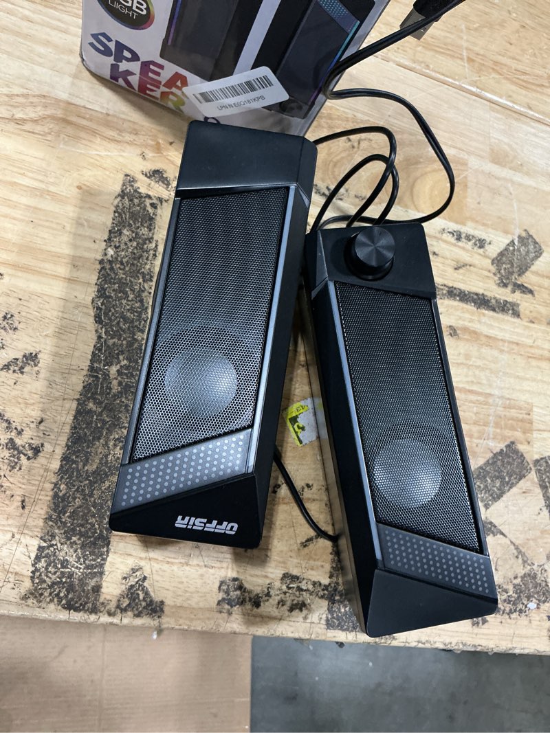 Condition photo showing As Is for computer speakers, 2 in 1 pc speaker , gaming speakers for pc computer laptop desktop monitor, rgb speakers with touch sensitive lighting, usb powered 3.5mm aux?package only two speaker, no soundbar?