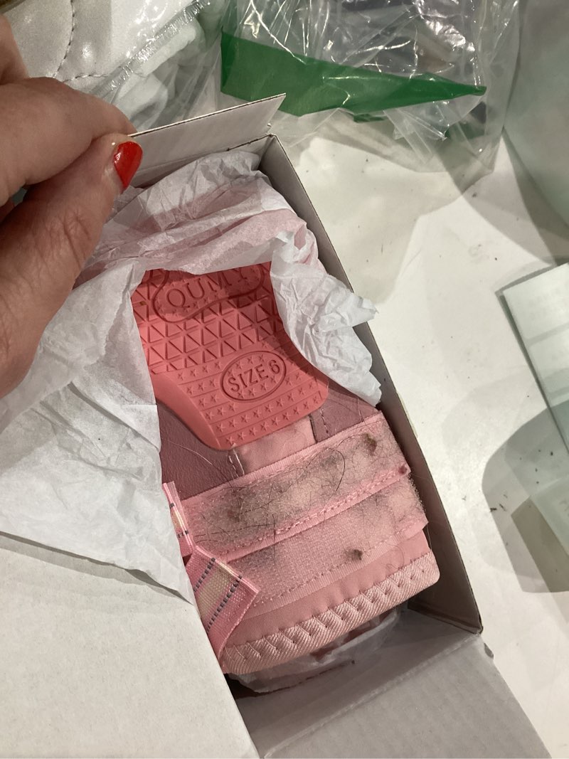 Condition photo showing As Is for QUMY Dog Shoes for Large Dogs, Medium Dog Boots & Paw Protectors for Winter Snowy Day, Summer Hot Pavement, Water-Resistant in Rainy Weather, Outdoor Walking, Indoor Hardfloors Skid-Resistant Sole Pink Size 6: 2.6''x3.0''(W*L) (Pack of 4)