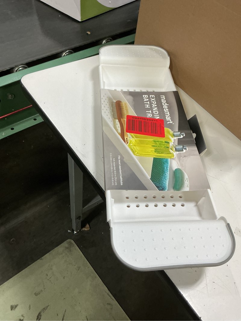 Condition photo showing Good Condition for madesmart expandable bath shelf, adjustable bathtub tray for bath-night, holds glasses, soaps, toys & bath essentials, non-slip grip, fits most tubs, white premiumwhite