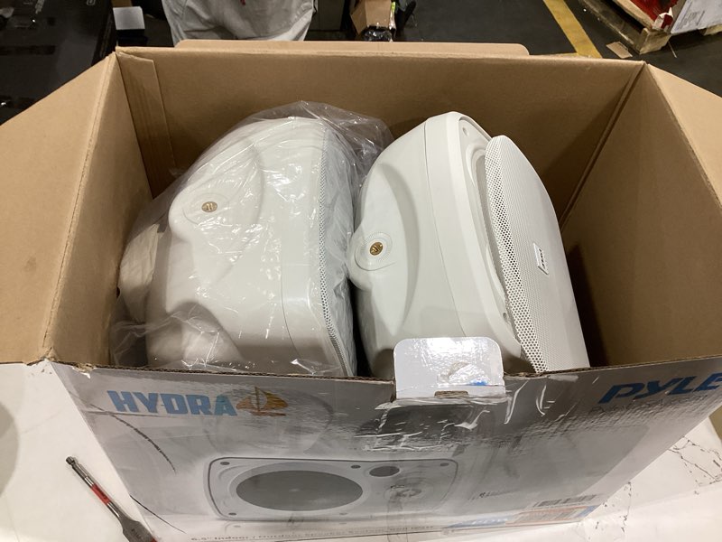 Condition photo showing As Is for Pyle Outdoor Bluetooth Wireless Speaker System-2-way Active/Passive Pair - 6.5in, 800Watt Peak Power,Weatherproof,Wall/Ceiling Mounted Speakers w/ Metal Grill, Universal Mount, Indoor/Outdoor-White