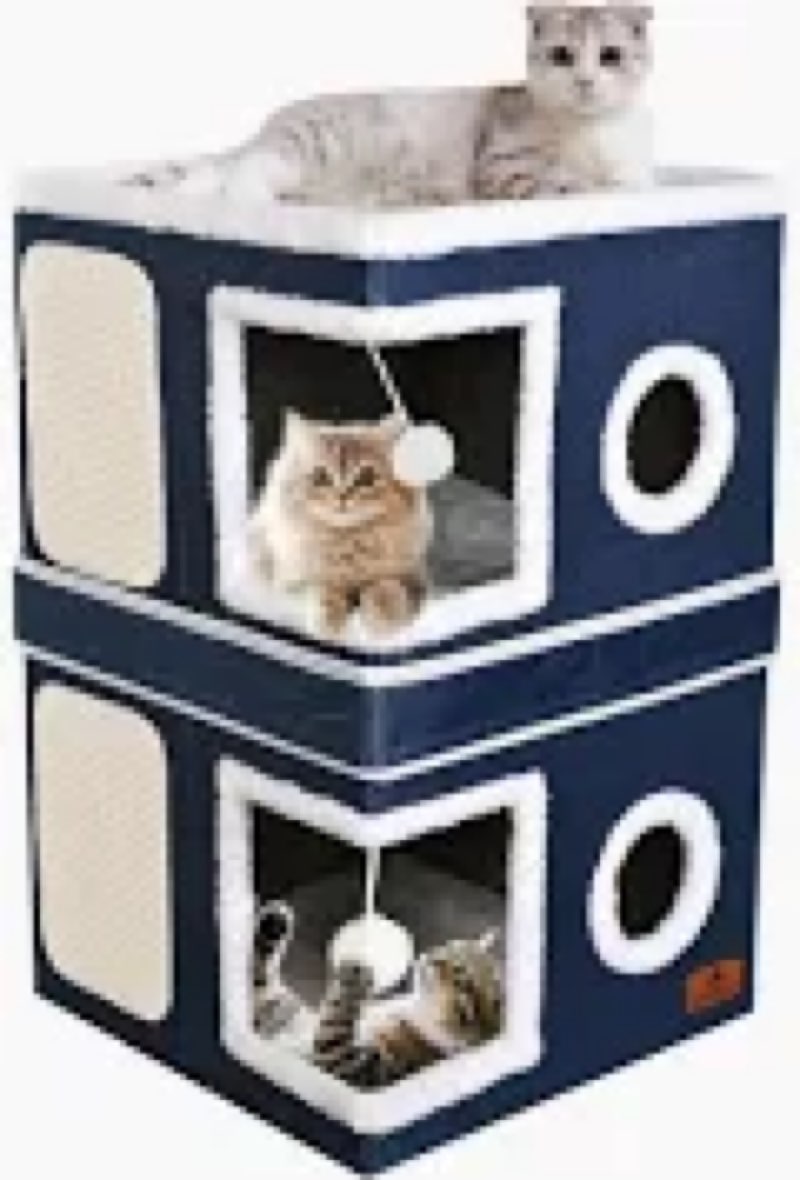 2-Story Cat House for Indoor Cats, Dual-Purpose Cat Cave Bed with Scratch Pad and Fluffy Ball, Folda