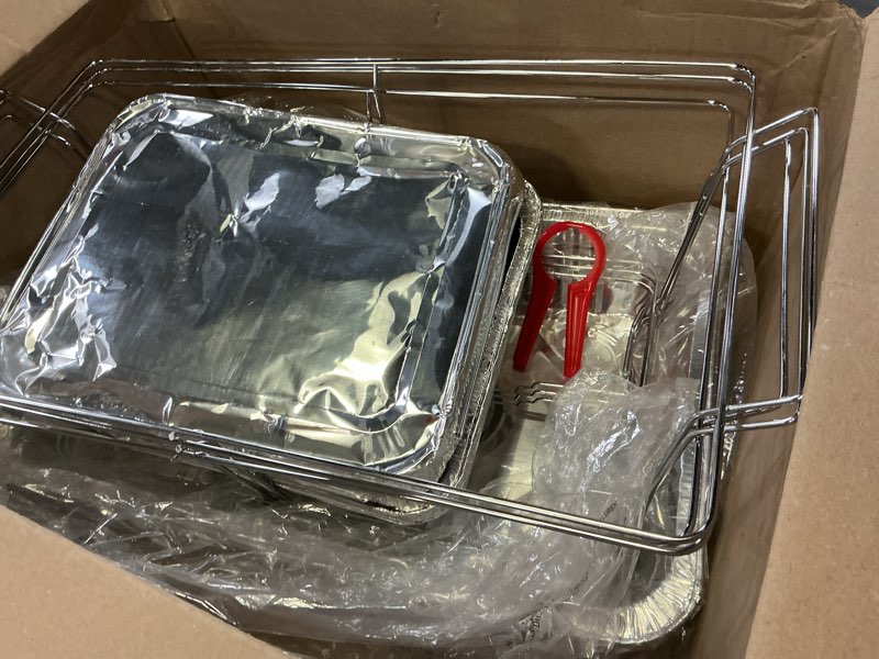 Condition photo showing Good Condition for large full size 33-pcs disposable chaffing buffet with-covers, utensils, fuel cans – premium chafing dish set for events, parties, catering complete kit (with racks)