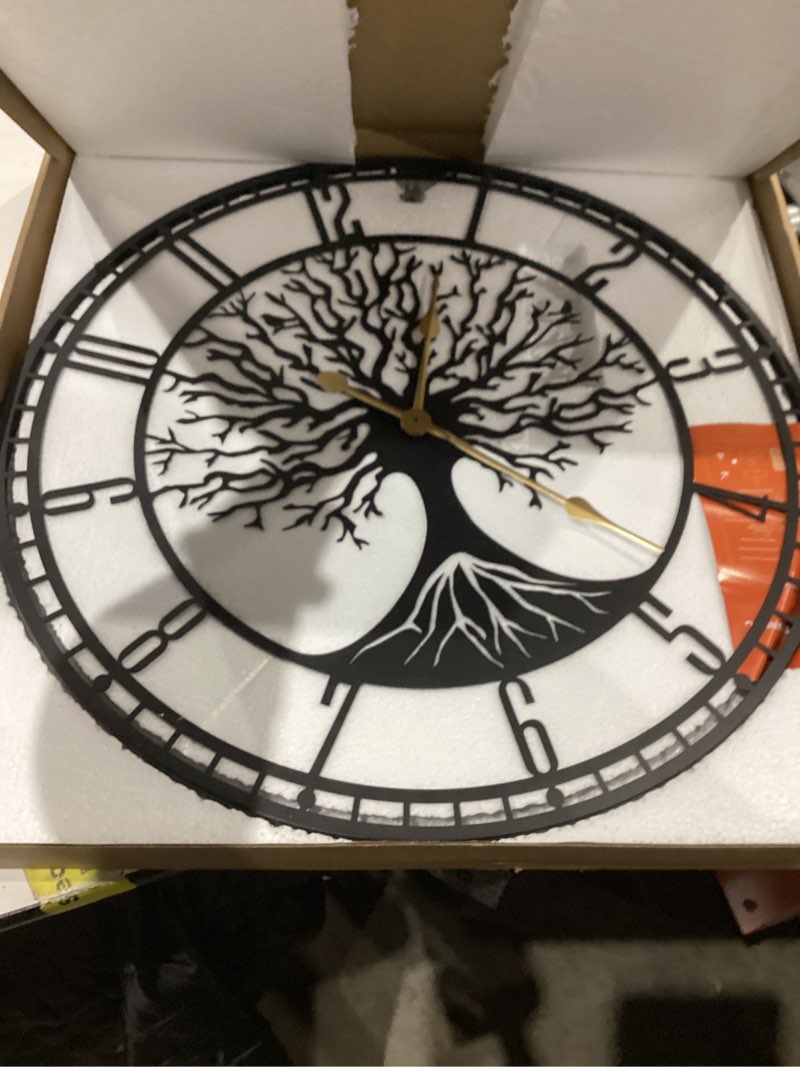 Condition photo showing Good Condition for tree of life wall clock, 24inch metal black family tree oversized wall clocks for living room bedroom home decor, modern silent mid-century battery operated