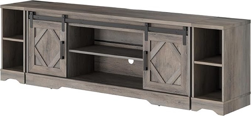 WAMPAT Farmhouse 85 inch TV Stand and Coffee Table Set of 2, Entertainment Center for TVs Up to 85'', 30 inch Square Wood Coffee Table with Gas Spring Flip-Top for Living Room,Washed Grey