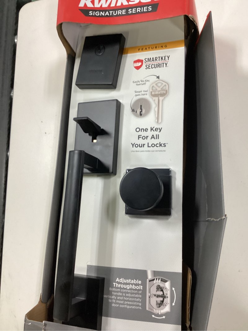Condition photo showing As Is for kwikset san clemente single cylinder low profile door handleset w/square pismo knob featuring smartkey security in matte black