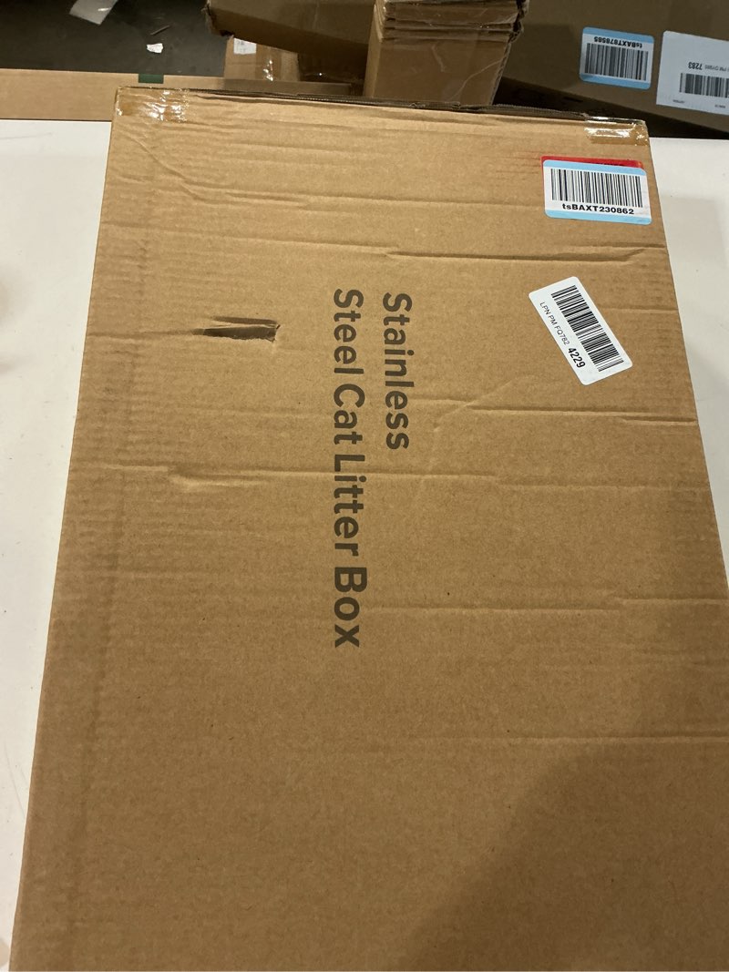 Condition photo showing New/Like New for stainless steel litter box | xl enclosed cat litter boxes with lid for big cats | high sided, anti-urine leakage | non-stick bottom & includes litter mat & metal scoop silver gray x-large