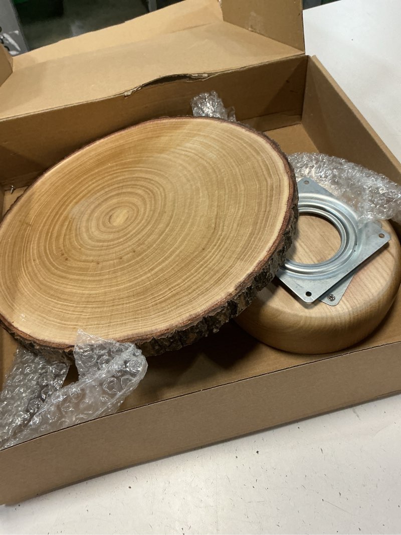 Condition photo showing As Is for Cake Turntable 12" Wooden Cake Stand with Cake Cutting Set Rustic Cake Stand for Wedding/Party/Baby Baptism/Reception Event/Rotating Cake Display Stand