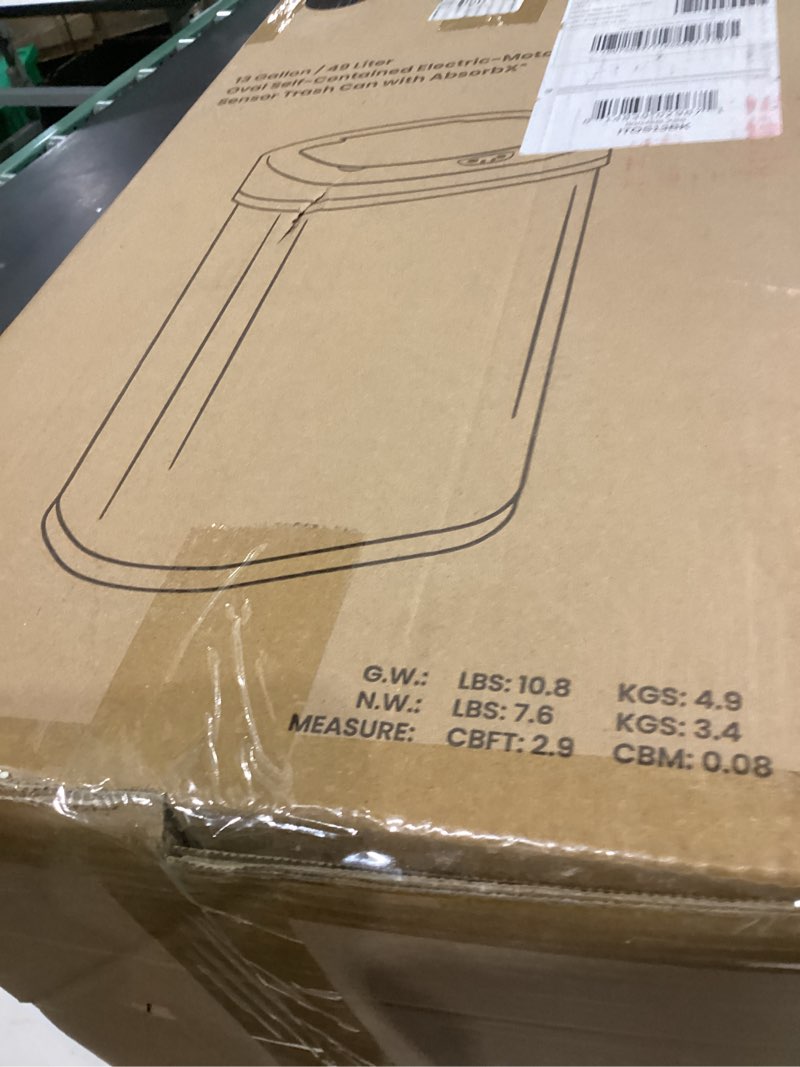 Condition photo showing As Is for iTouchless 13 Gallon Oval Sensor Trash Can with Odor Filter, Automatic Motion Sensor Kitchen Bin, Slim Curved Soft-Close Matte Black Stainless Steel, Fingerprint-Proof Modern Decor Matte, Black