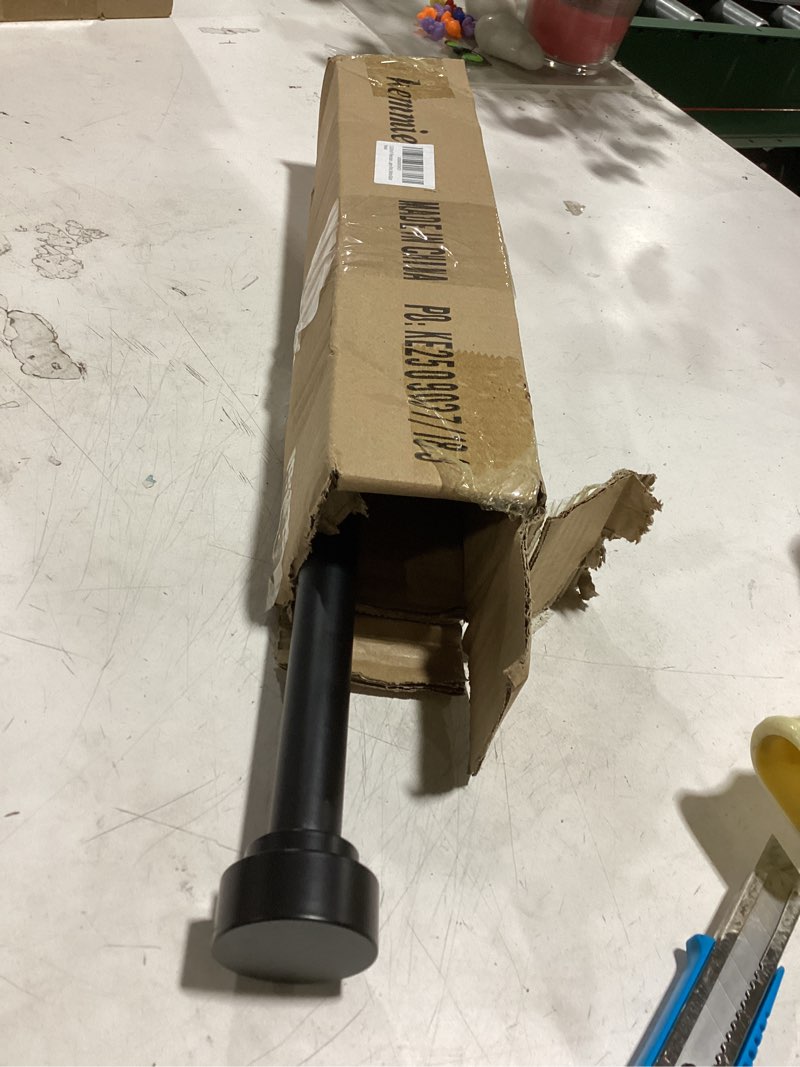 Condition photo showing As Is for short curtain rod 12-20 inch telescoping side curtain rods, 1inch diameter pole adjustable metal drapery rod, matte black matte black 12-20"