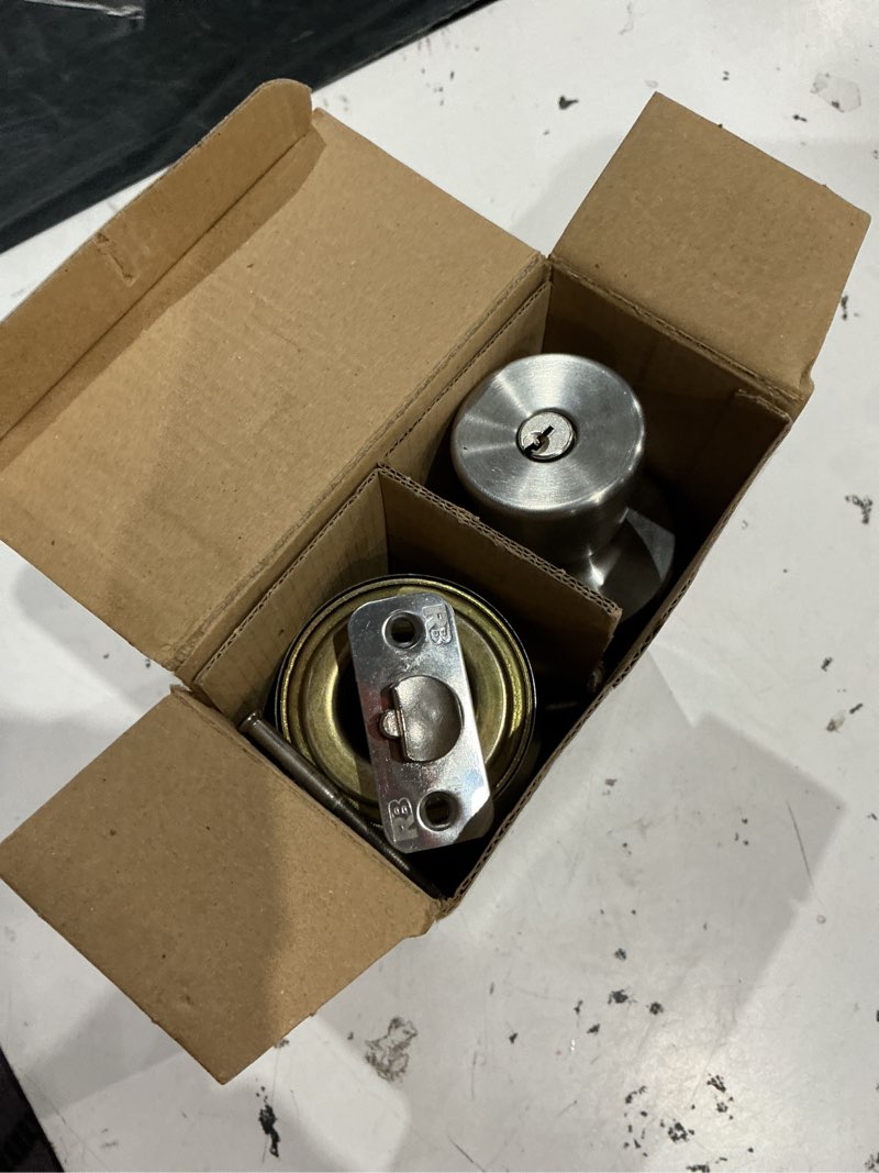 Condition photo showing As Is for reliabilt gallo stainless steel exterior single-cylinder deadbolt keyed entry door knob combo pack