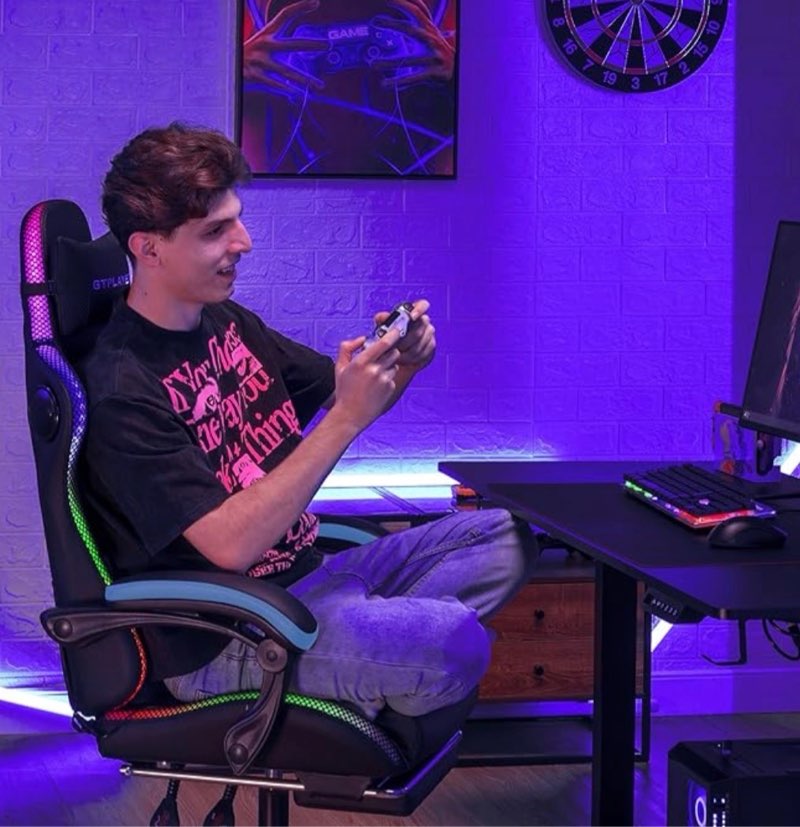 GTPLAYER RGB Gaming Chair with Speakers - LED Computer Game Chair for Adults, PC Home Office Chairs with Footrest & Lights, Reclining Desk Chairs, Blue