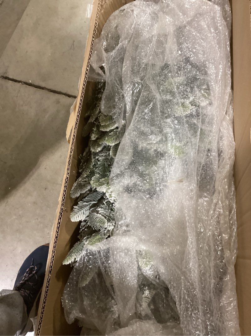 Condition photo showing Good Condition for Puleo International 7.5ft Pre-Lit Slim Flocked Aspen Fir Christmas Tree with 450 Clear Lights, 1016 Realistic Dense Snow Flocked Branch Tips, Easy Setup Artificial Trees with Sturdy Metal Stand 7.5' Slim Flocked Aspen Fir with 450 Clear Lights Christmas Tree